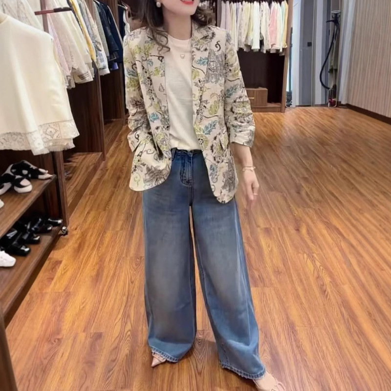 25050 Big Love Beauty Yiyuan 2025 Spring New and Old Money Style Printed Suit Jacket Loose Jeans Slimming Women