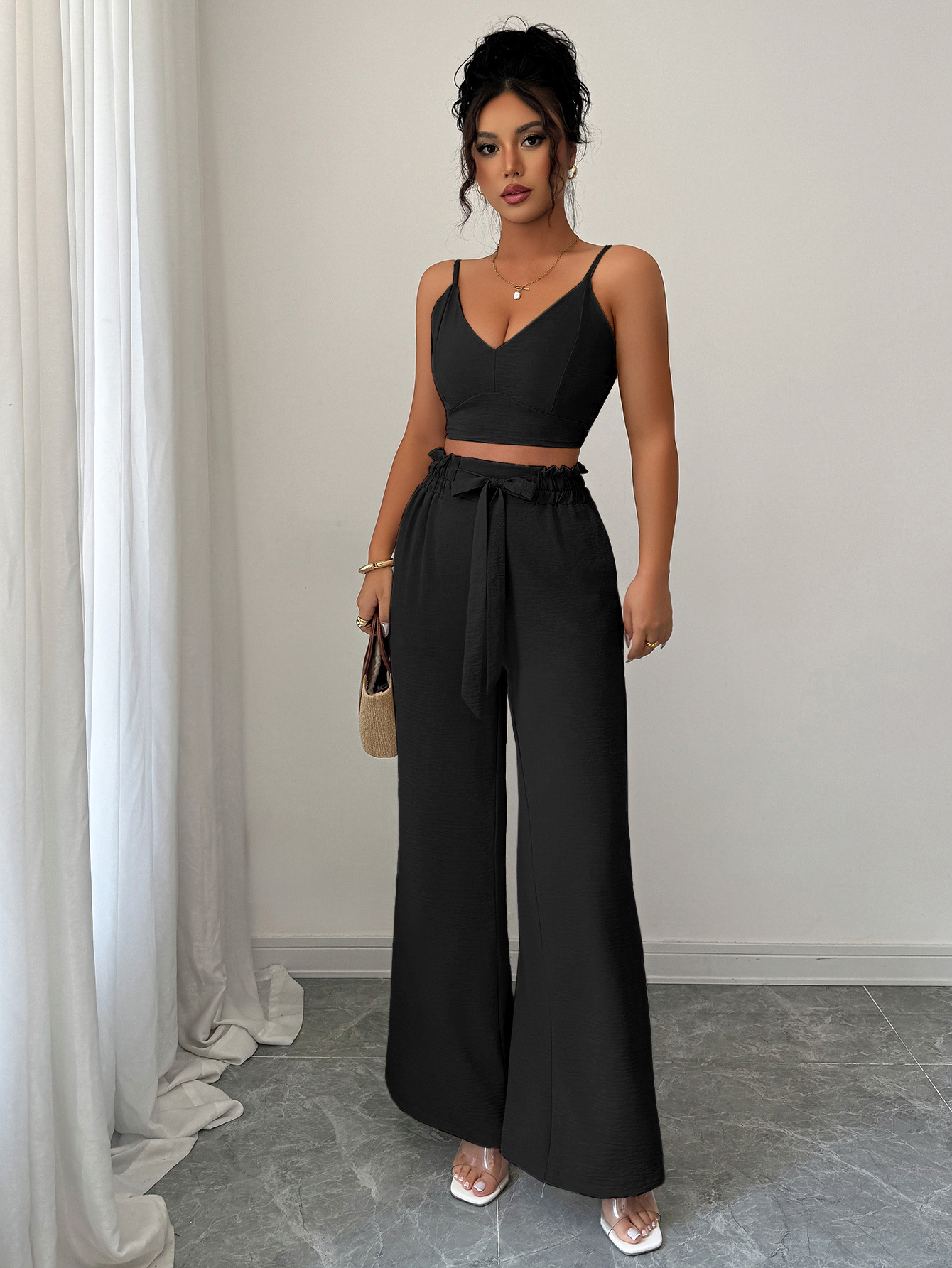 364g Weight Sleeveless Sleeve Length Polyester Fabric Type Pant Co-ord Set Sets Type 2 Pieces Set Quantity Casual, Daily Occasion Strap Neckline Slim, Loose Fit Type Solid Color Pattern Summer Season Women's Gender Casual, Sexy Style Casual Daily Women's Casual Sexy Solid Color Polyester Pant Co-ord Set Pants Sets 21