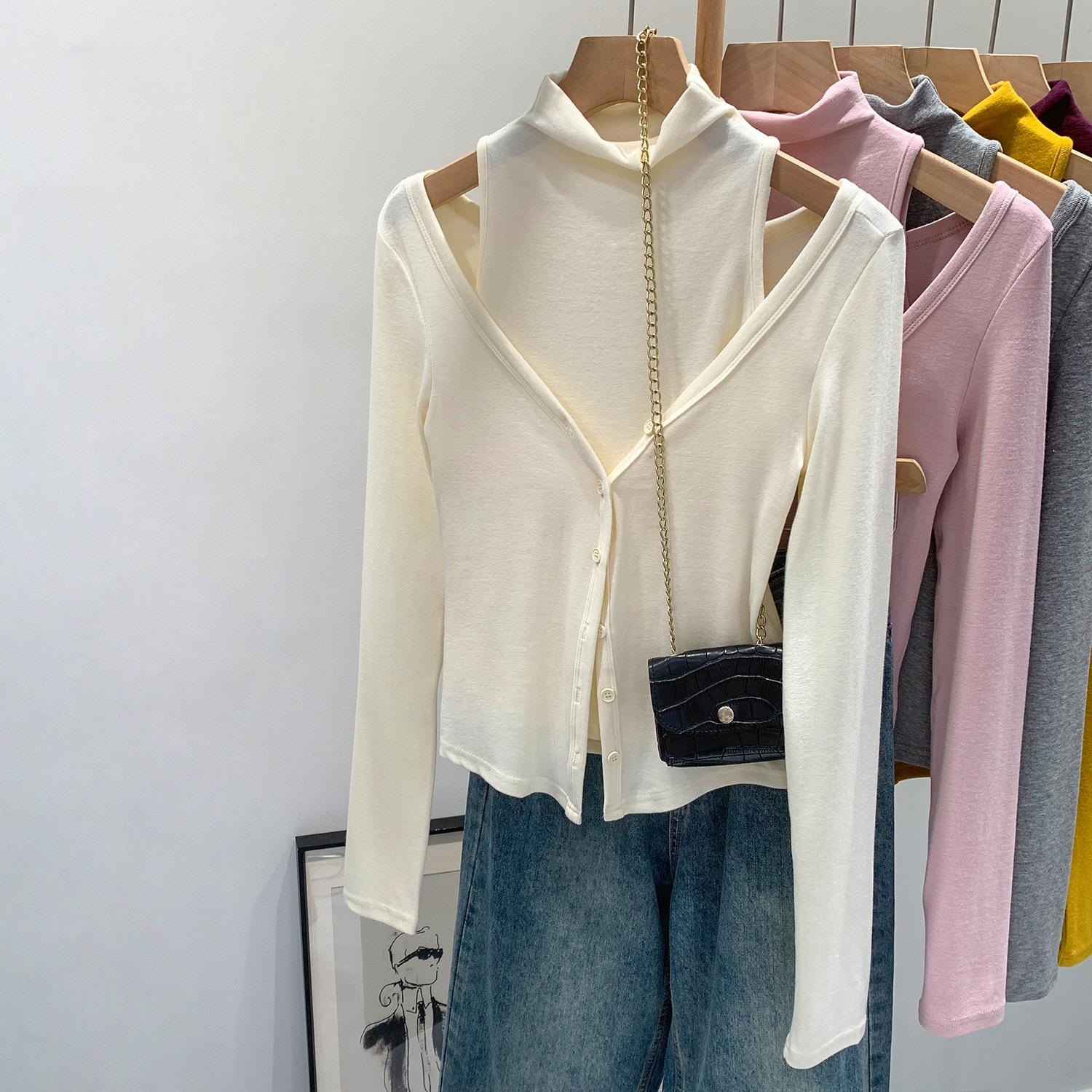 Off-Shoulder Long-Sleeve T-Shirt and Tank Top Set for Women, Slim Fit, Yellow Two-Piece Outfit, Korean Style, Stylish Top