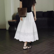 重工法式白色花边长裙a字夏季新款棉打褶半身裙女设计感