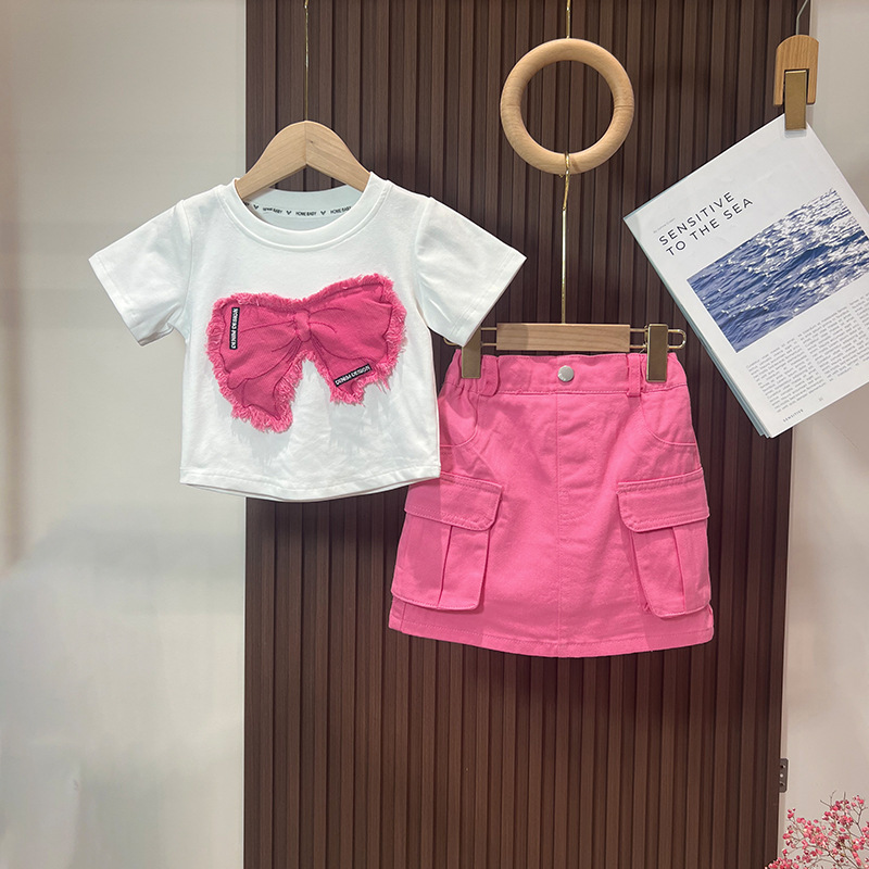 Girls' Short-sleeved Skirt suit 2024 Summer Girls' Bow Pic T-shirt Sweet Cool Style Workwear Skirt Set 9
