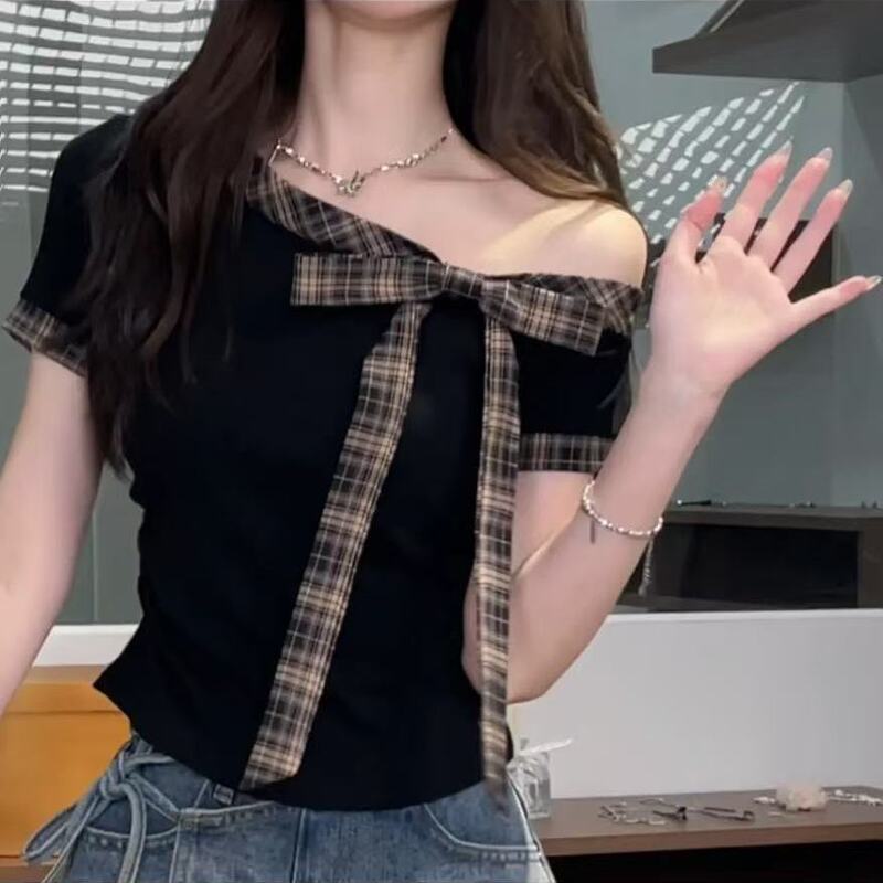 Sweet Style Splicing Stripesd Strap Bow Design Short-Sleeved T-Shirt for Women Summer Slimming Look Top