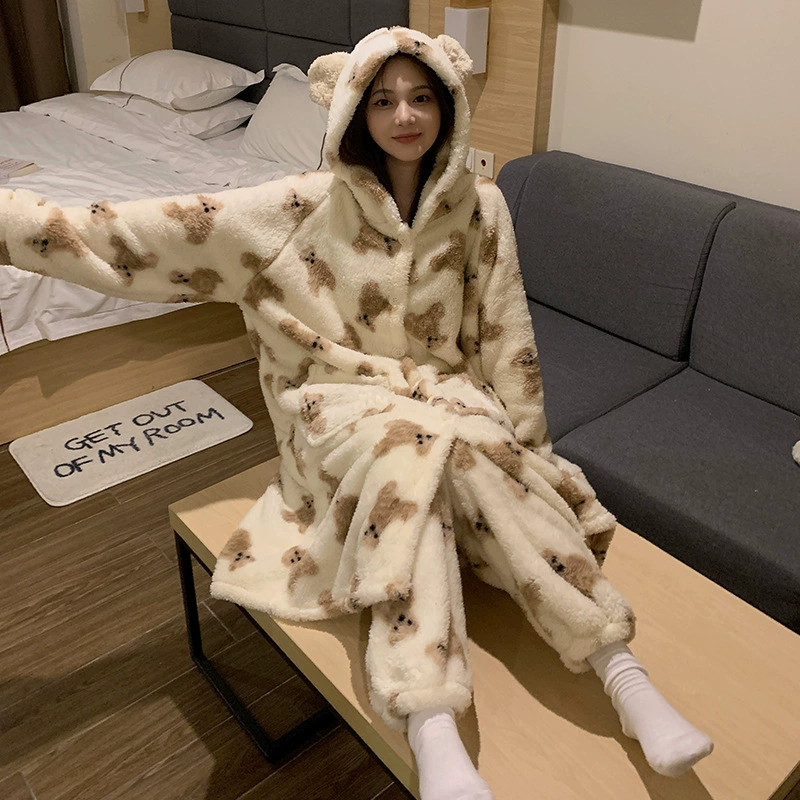 Coral velvet demi-season warm pijama, cartoon flannel long bathrobe with hood, set