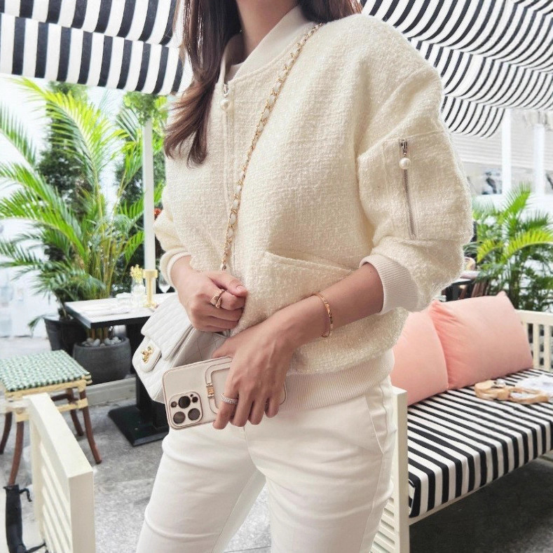 Korean Dongdaemun Women's New Chic Spring and Autumn Simple Tweed Jacket with a Chanel-Inspired Style