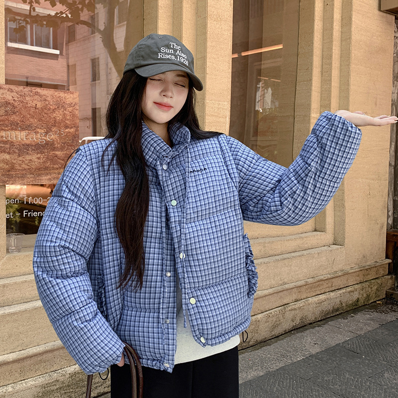 蓝色立领格子羽绒棉衣棉服女冬季2025新款加厚保暖小个子短款外套|undefined