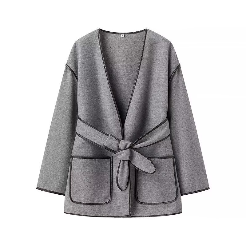 Women's clothing 2024 autumn and winter new style temperament fashionable belt contrasting double-sided woolen coat_voghion.com