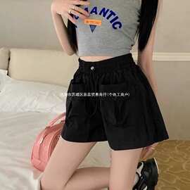 新款大码女装口袋高腰工装裤女夏季日系宽松阔腿休闲裤直筒短裤潮