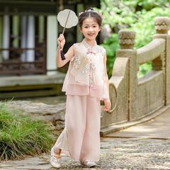 2025 新しい女の子の新しい中国風スーツ夏スーパー妖精国民風刺繍ノースリーブエレガントな漢服子供のツーピースセット