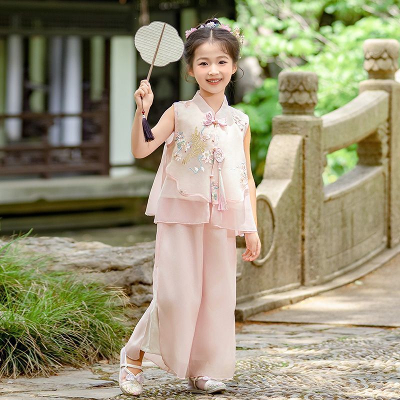 2025 新しい女の子の新しい中国風スーツ夏スーパー妖精国民風刺繍ノースリーブエレガントな漢服子供のツーピースセット|undefined
