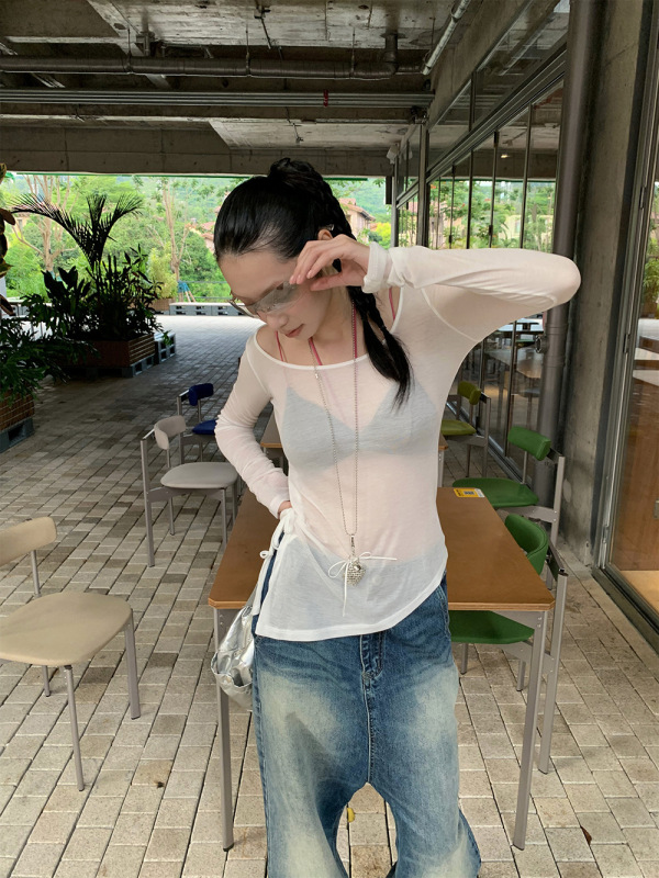 [9hour]甜辣风抽褶绑带t恤女 2025秋季别致微透长袖上衣女c250364|undefined