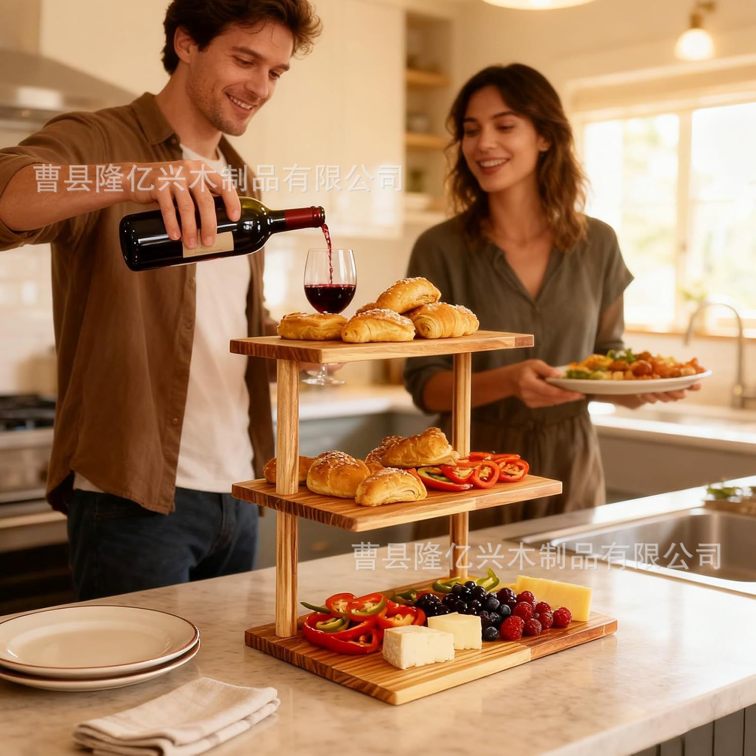 Desktop rack cross-border retro kitchen three-layer spice rack party dessert display rack solid wood storage rack