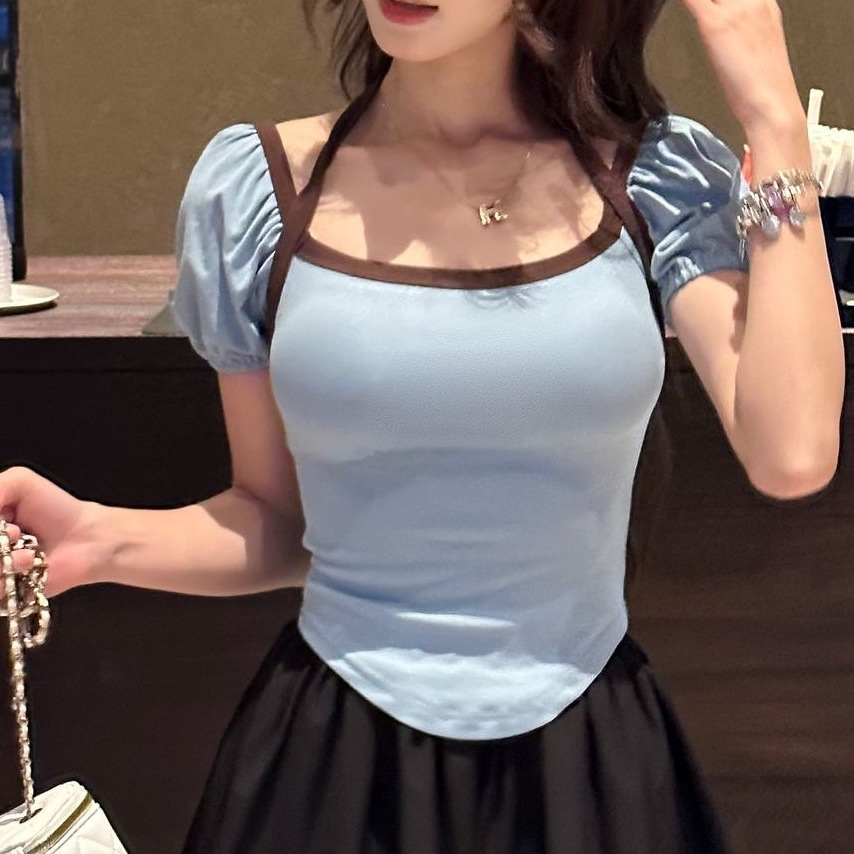 Blusa de verano con cuello colgante, clavícula baja, única y picante, cuadrada francesa, dulce temperamento, con retazos de burbujas y mangas cortas_voghion.com