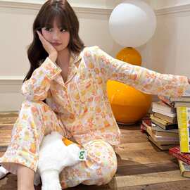100%棉睡衣2026年秋季双层棉麻法式少女甜美长袖高级感家居服套装