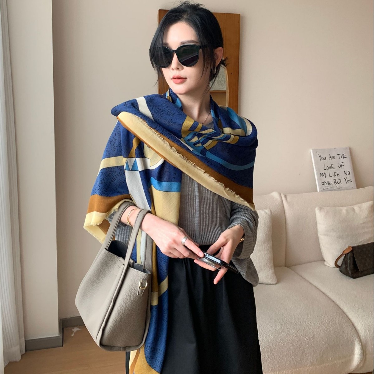 Geometría coreana impresión bufandas 2024 nuevo estilo exterior con capa capa capa algodón lino sensación de 130 cm toalla cuadrada