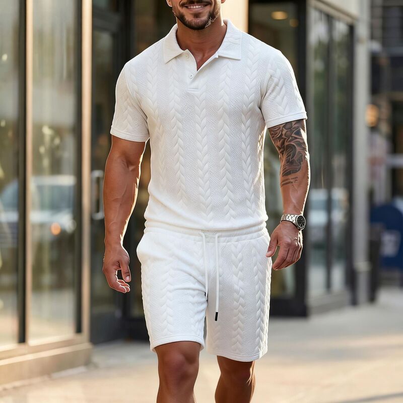 Amazon's New Autumn Cross-Border Men's Solid Color Lapel Button Jacquard Short-Sleeved Polo Shirt and Pants Casual Suit Amazon's New Autumn Cross-Border Men's Solid Color Lapel Button Jacquard Short-Sleeved Polo Shirt and Pants Casual Suit