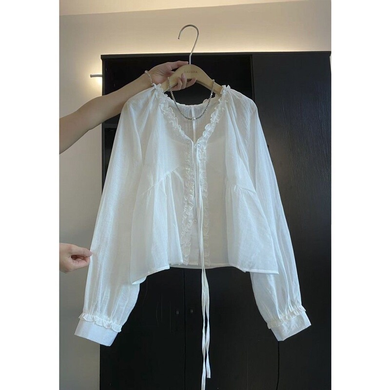 French-Style Elegant White Long-Sleeve Lace Shirt, New Spring Chic Niche Design with Tie-Up Straps and Ear-Shaped Details