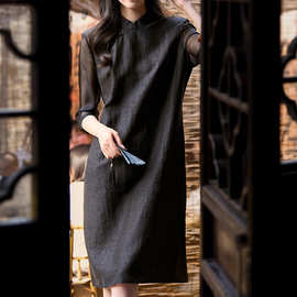 高端香云纱龟裂纹真丝旗袍 连衣裙新中式国风黑裙子女装夏季新款