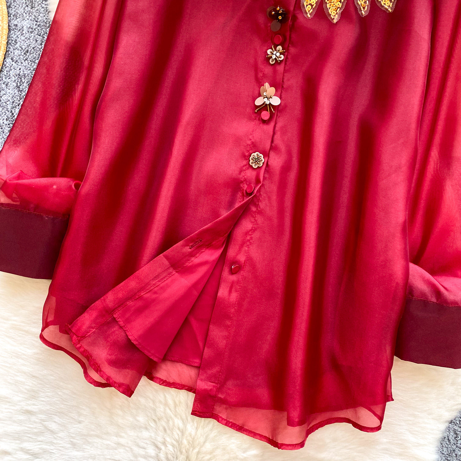 Women's Sequined Beaded Mesh Long Sleeved Shirt Loose Fitting Cardigan Elegant And Sophisticated Design for Commuting Niche_voghion.com