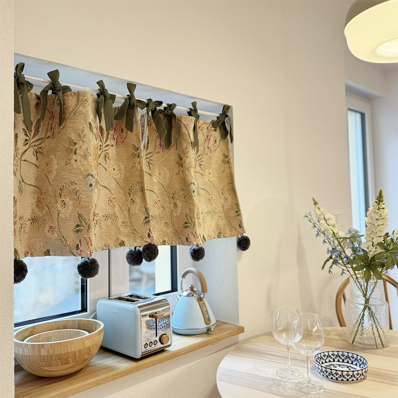 Moss American Jacquard Fur Ball Kitchen Curtain Door Curtain Shelter Curtain Thickened Air-conditioning Curtain Lace-up Punch-free Curtain