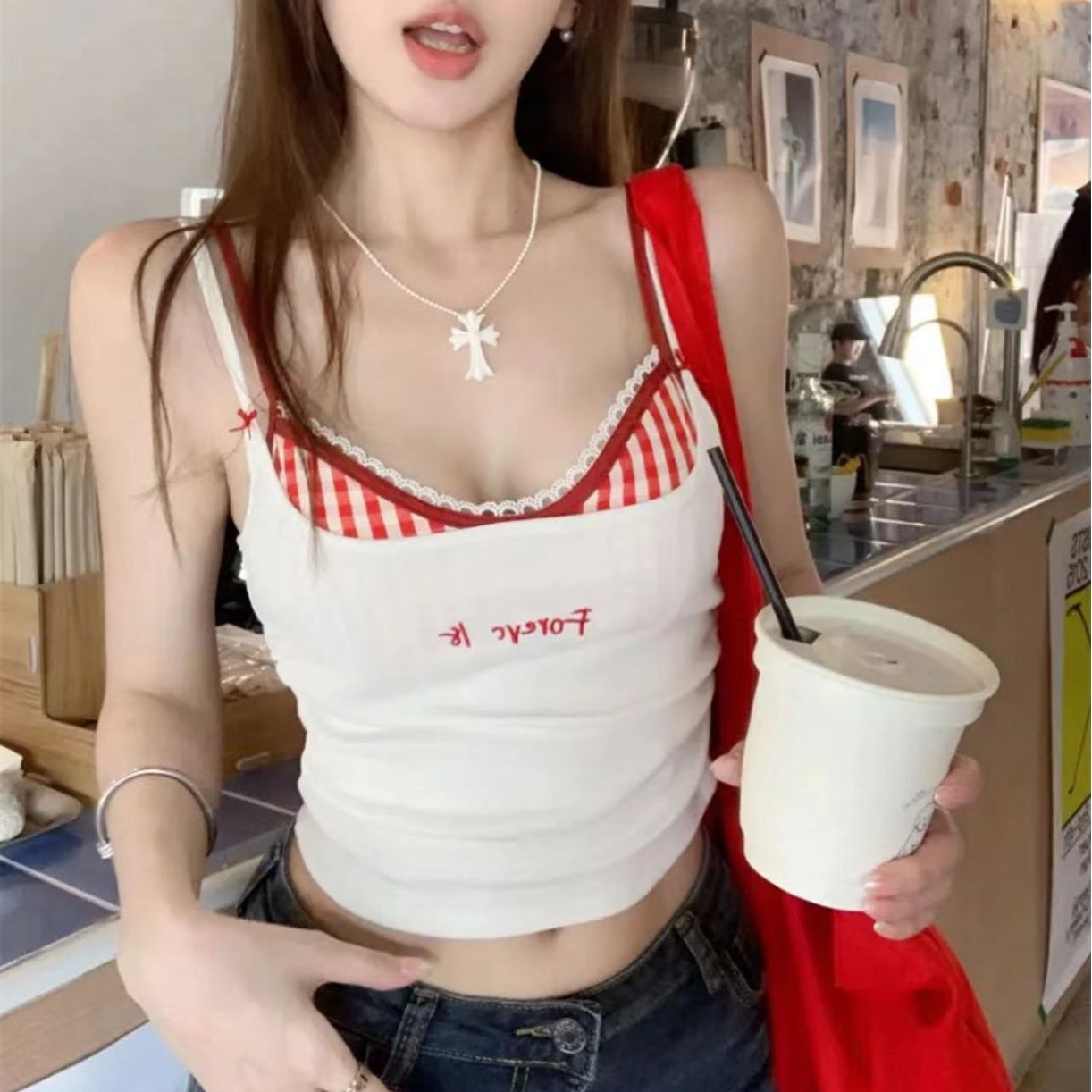 New hot girl suspender vest with chest pad fake two-piece outer wear beautiful back strap lace plaid beautiful back vest