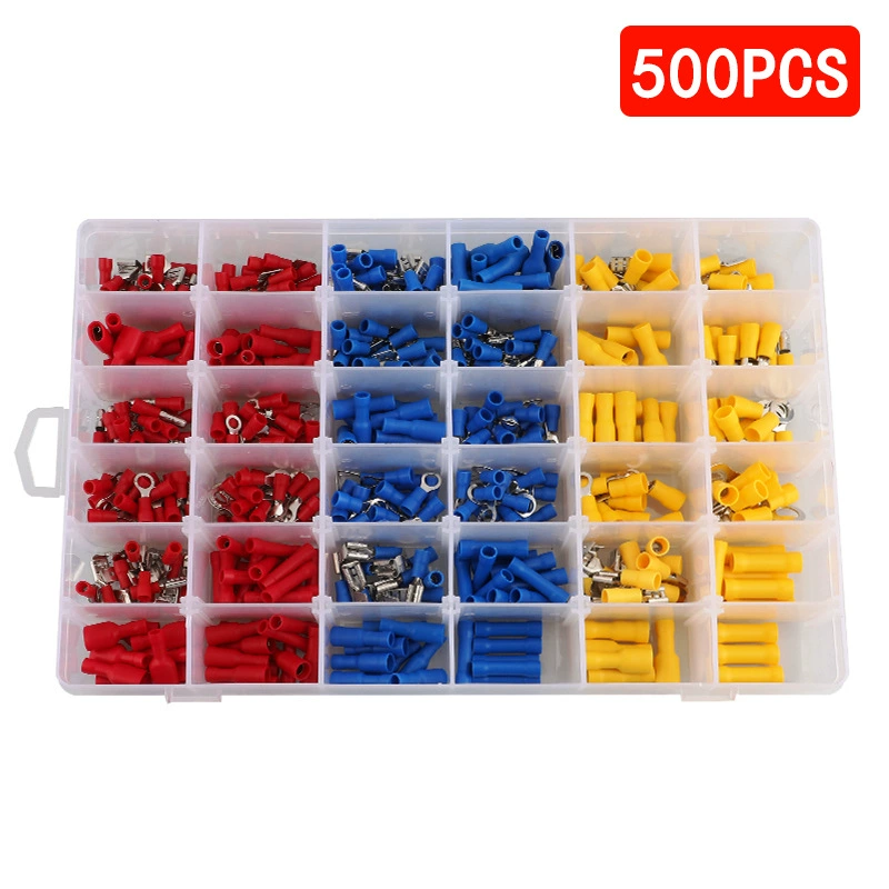 Трансграничный источник 500pcs в штучной упаковке предварительно изолированный клеммный клеммный клеммный круглый вилочный водонепроницаемый медный клеммный набор