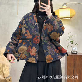 2025冬季新款 复古花卉印花贴布口袋做旧棉衣 宽松圆领盘扣开衫女