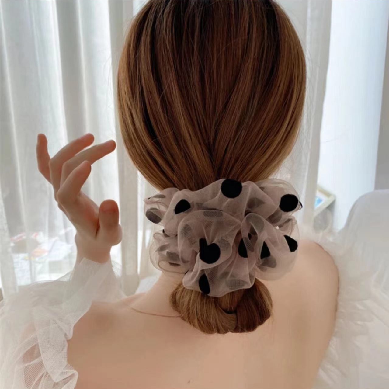 Elegant and Vintage Polka Dot Satin Hair Tie - Imported from South Korea, Ideal for Women's Charming and Fairy-like Hairstyle with Large Satin Hair Ring