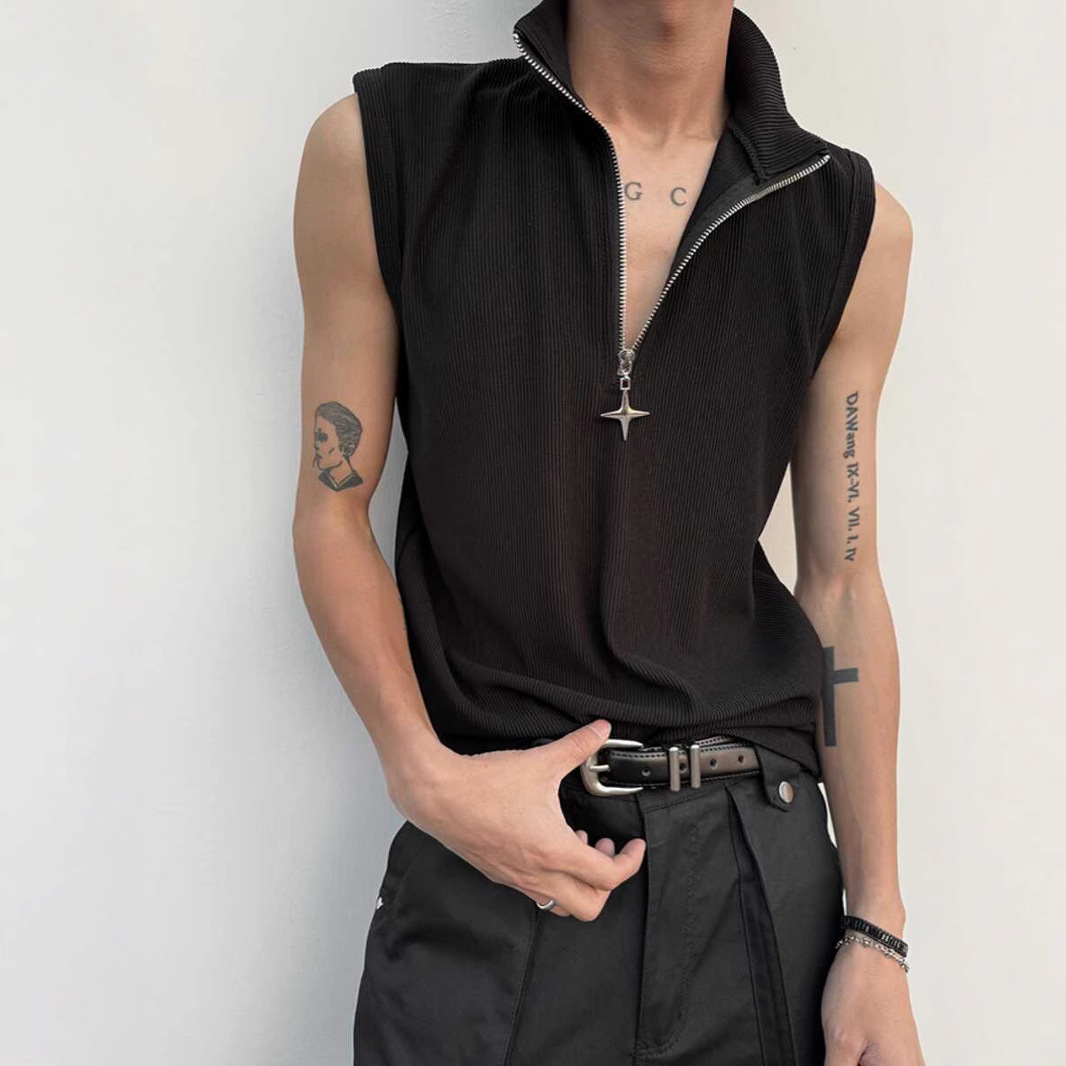 American-style half-zip stand collar wide shoulder vest men's summer thin solid color vest slim fit padded shoulder sports sleeveless t-shirt