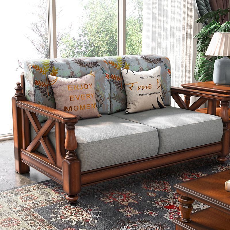 American country-style solid wood sofa with fabric decorations, small apartment living room retro furniture pastoral 123 combination three-seater sofa