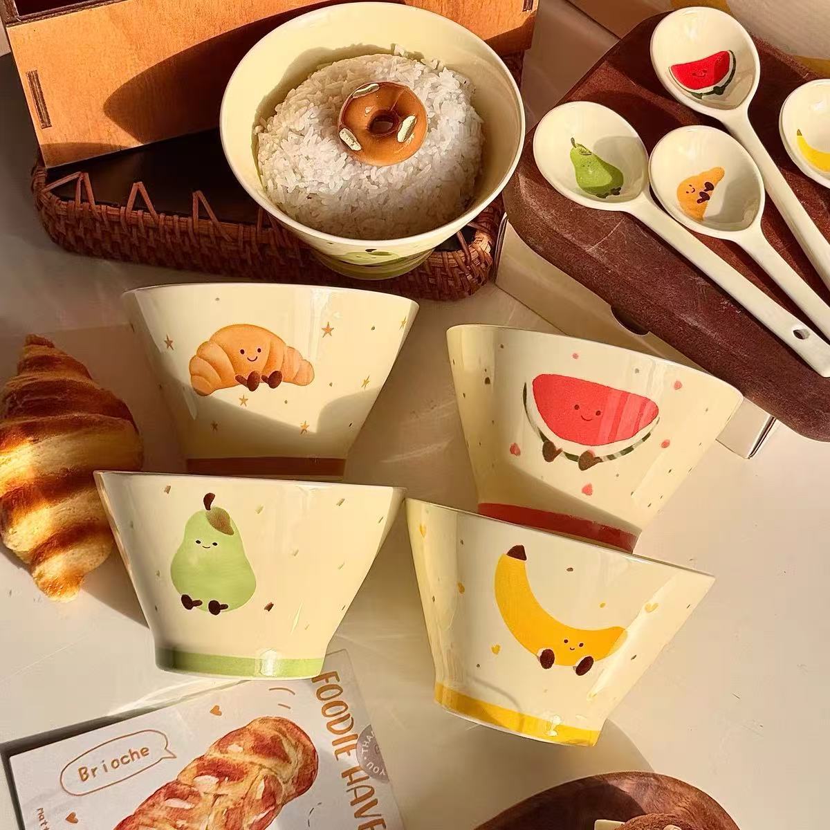Fruit croissant ceramic bamboo hat bowl household cute noodle bowl tall bowl rice bowl large bowl ramen bowl underglaze color