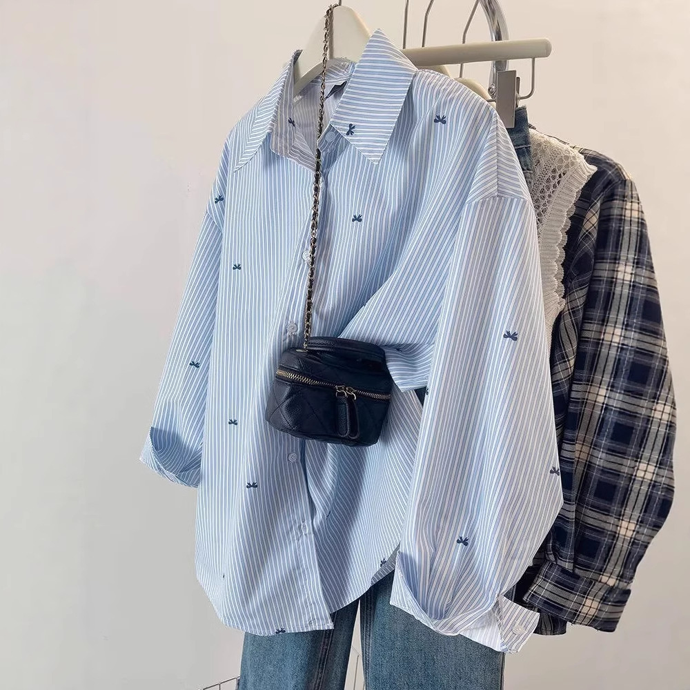 Blue Stripesd Sun Protection Shirt Jacket for Women Spring and Autum Small Loose Casual Bow Printed Shirt Top