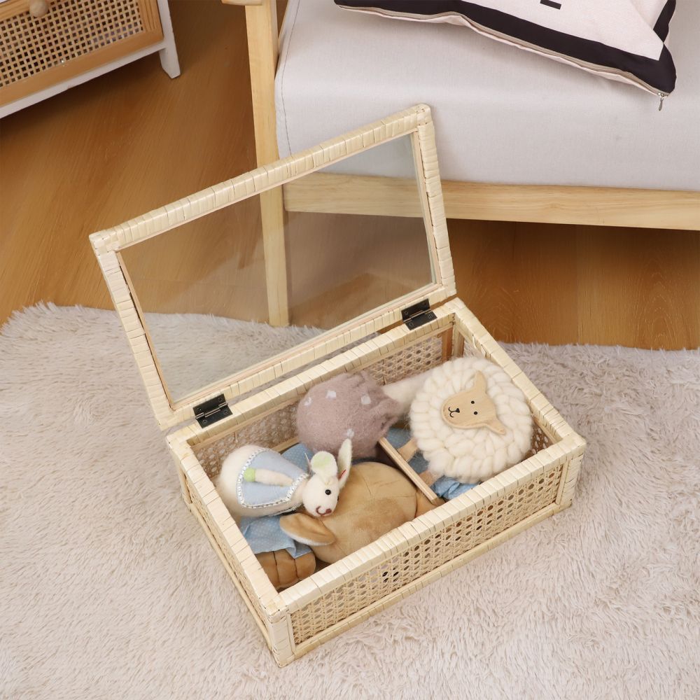 Cesta de almacenamiento de caña personalizada transfronteriza tejida a mano cubierta caja de almacenamiento de juguetes libros de escritorio cesta de almacenamiento