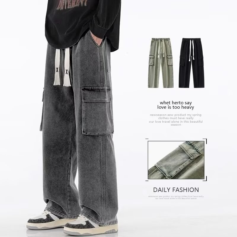 Large Pocket Cargo Jeans Men's Spring and Autumn New Straight Loose Wide Leg Pants Trendy Girls All-match Denim Pants