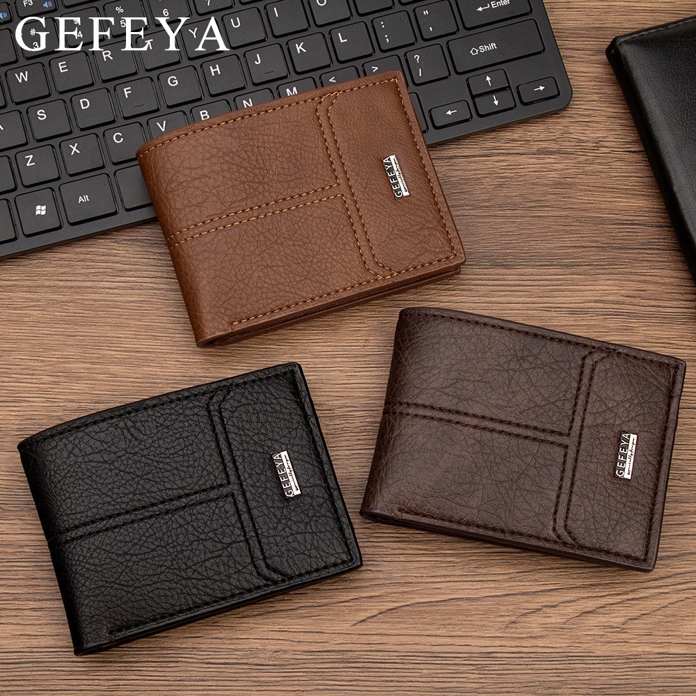 Cross-border in-stock business men's short wallet with zipper, versatile and simple, lychee pattern, multiple card slots, 70% off coin purse
