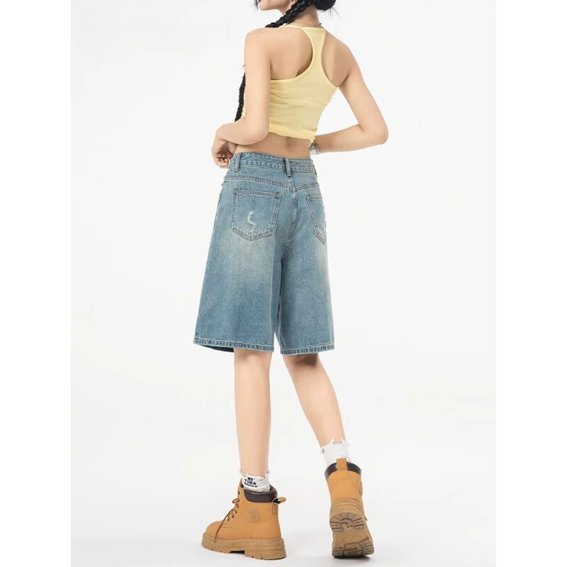 Light-Colored Five-Point Denim Shorts for Women 2026 Trendy Versatile New Summer High-Waisted A-Line Straight Mid-Length Shorts for Petite Figures