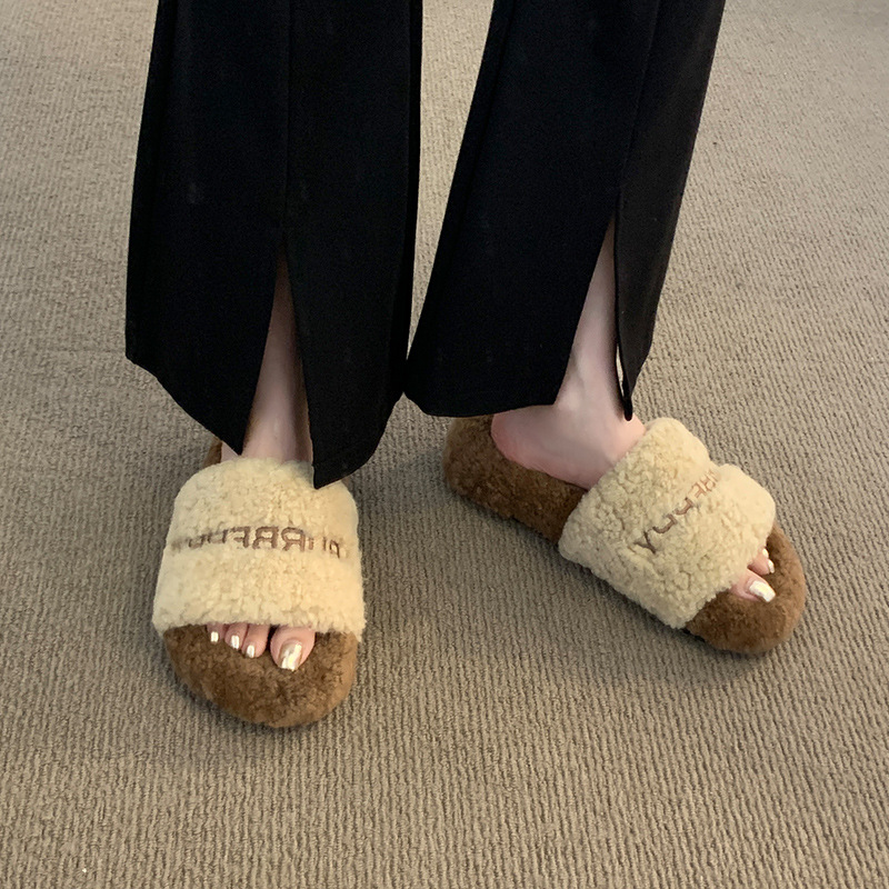 Furry slippers for women's outer wear 2023 new style fashionable lamb wool comfortable and versatile thick-soled one-line letter trendy slippers_voghion.com