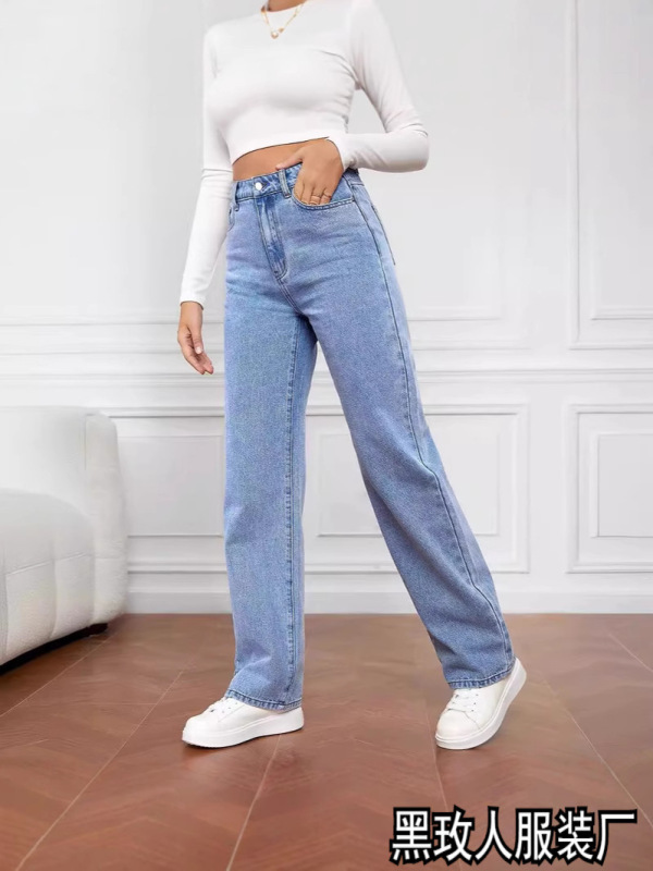 カジュアルトレンドファッションストレッチウォッシュデニムファッションストレートパンツジーンズ女性のパンツルーズストレートパンツ|undefined