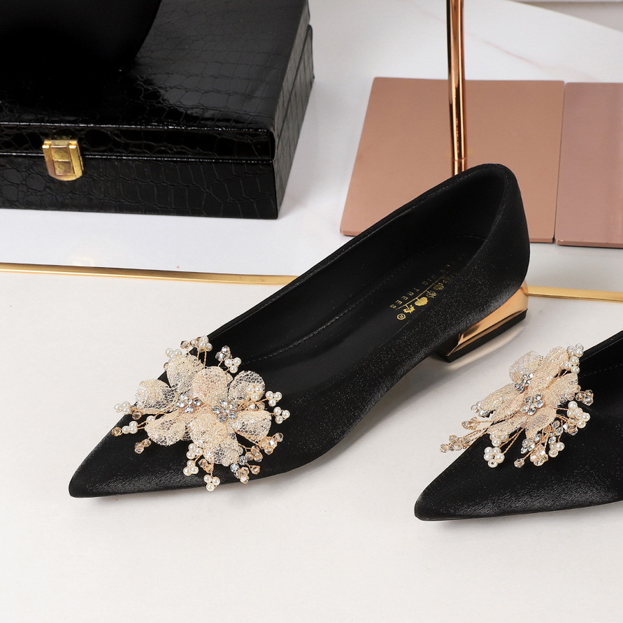 83925-H97 French style flower rhinestone decoration pointed shallow mouth gold silk and satin one foot pedal thick single order shoes for women