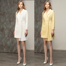 时尚白色长袖职业连衣裙女气质不对称设计感百褶裙修身ol西服裙女