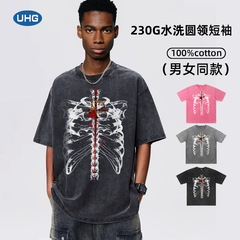 American pure cotton fried snowflake distressed skull print short sleeve top, oversize fashionable unisex large size T-shirt