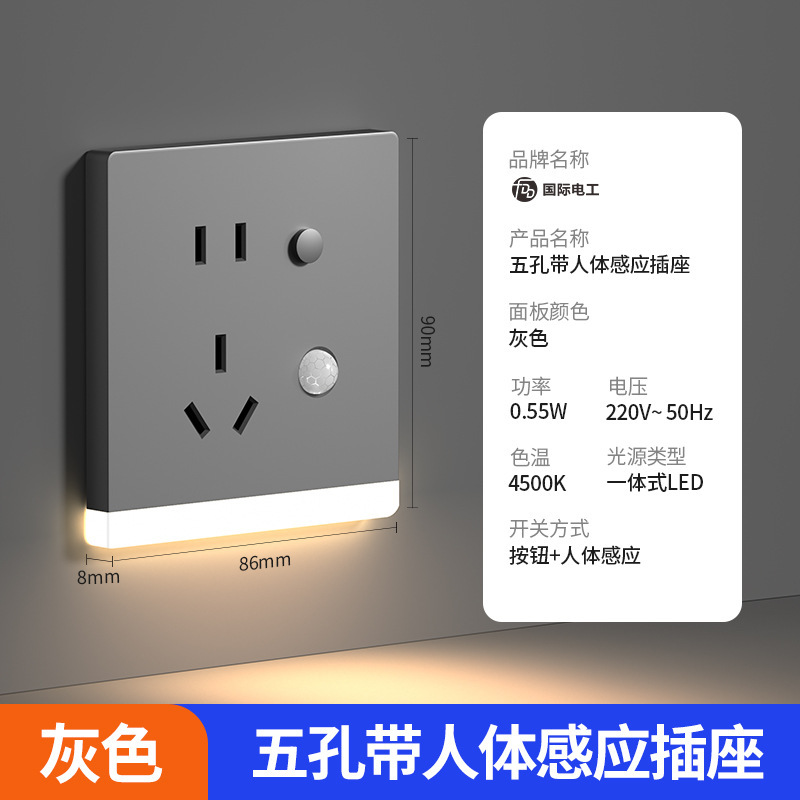 国际电工86型智能人体感应地脚灯带五孔插座嵌入式楼梯间过道夜灯|undefined