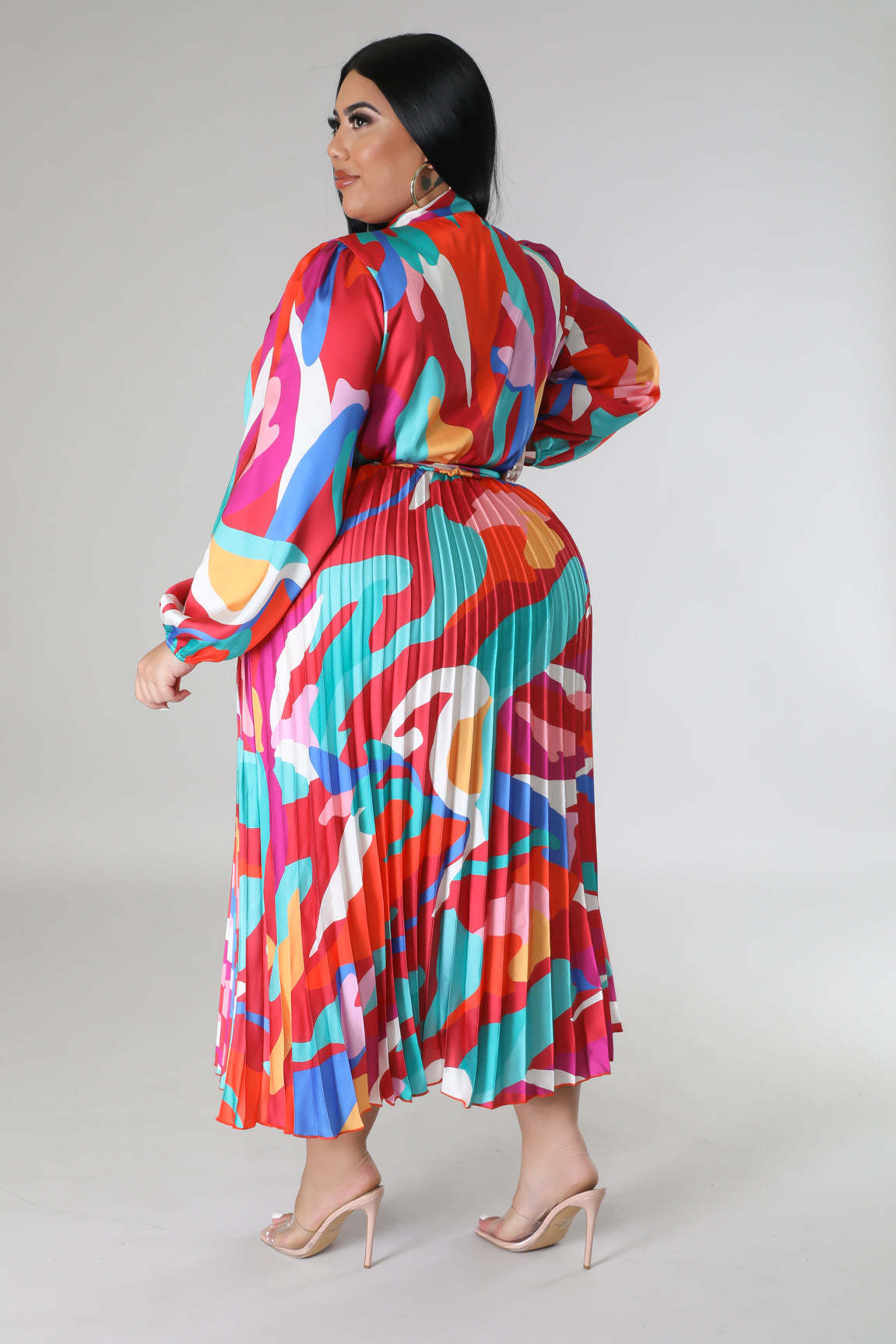 Damen Plus Size Plissee Kleid Mit Kragen Und Langen Ärmeln_voghion.com