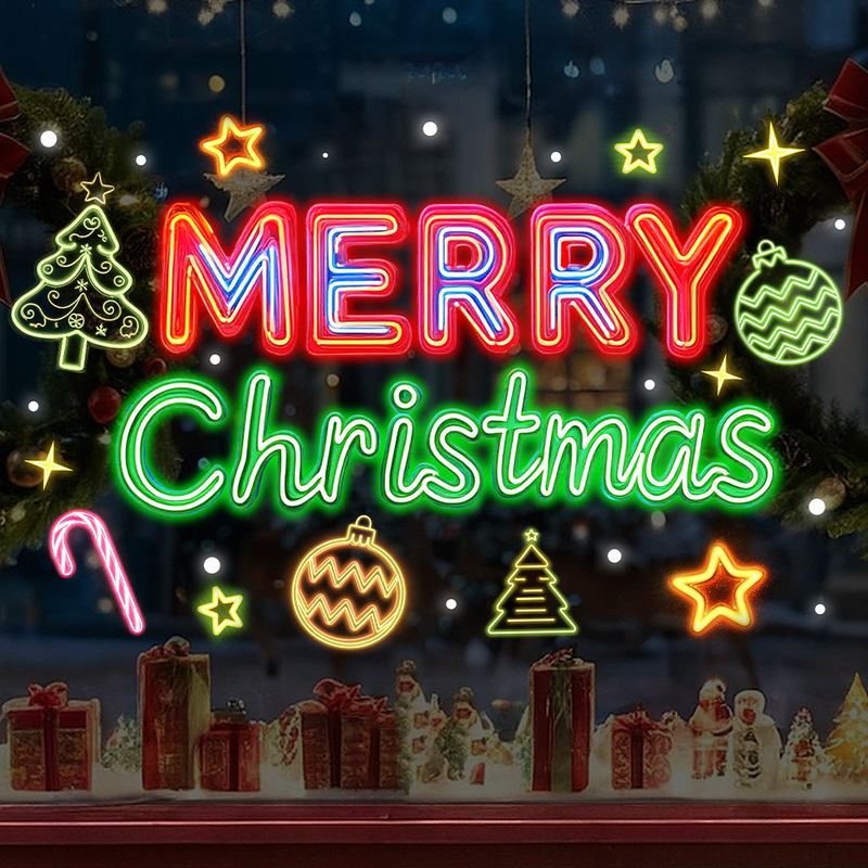 Aike JD4654 クロスボーダー新クリスマスネオン英語ガラスステッカーショップ引き戸装飾静電ステッカー|undefined