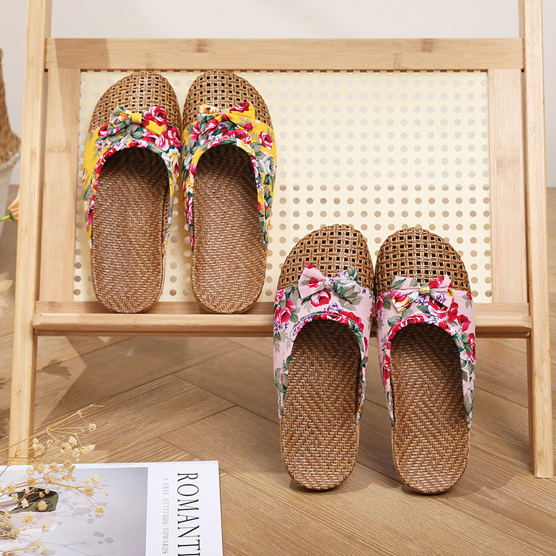 New Style Linen Slippers Women's Summer Indoor Home Floor Non-Slip Breathable Nordic Style Fashion Bow Home Sandals