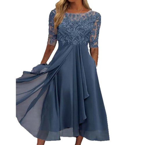 European dress Chiffon stitching lace hollow long dress bridesmaid evening dress women's dress