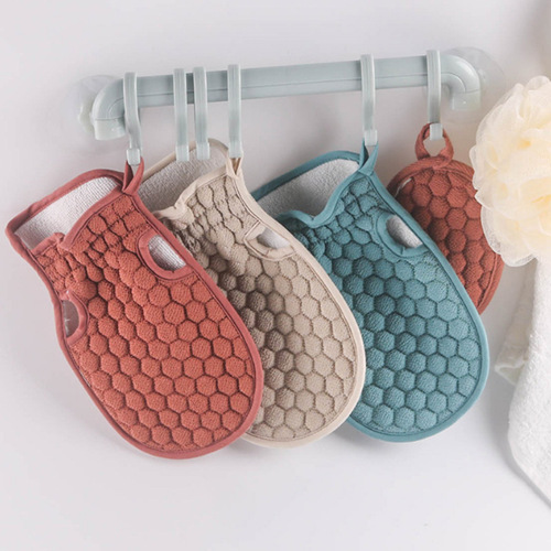 Fingerless double-sided bath towel, powerful mud and decontamination scrubbing tool, solid color honeycomb bathing gloves