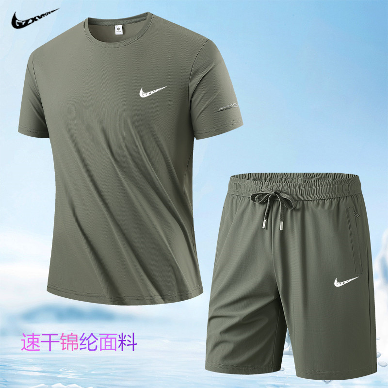 Trendy Casual Sports Suit Men's Trendy Brand Quick-Drying Ice Silk Short-Sleeved T-Shirt Shorts Men's Summer Outfit Complete Set