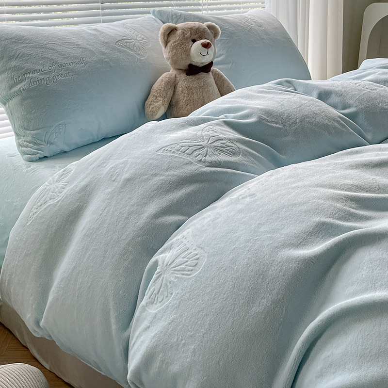 Invierno de doble cara engrosado cama de camisa de leche cuatro piezas de brida de coral rosa sábanas de camisa de cama esculpidas colcha de cama