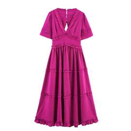 外贸2025欧美夏季新款气质时尚V领短袖木耳边收腰A字连衣裙女5230