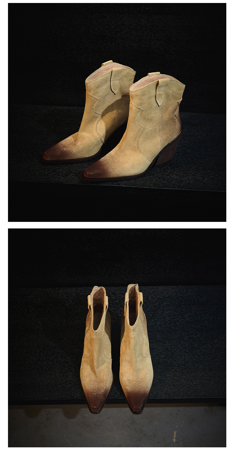 Boot cao bồi nữ da lộn mũi nhọn gót thô cổ thấp — Lớp lót nhung màu kaki chi tiết 8